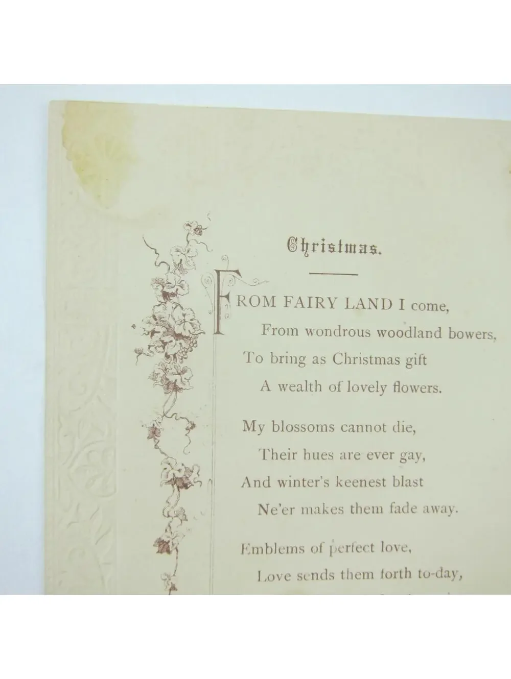 Victorian Christmas Card Girl Holds Pink Flowers Poem Embossed Marcus Ward & Co